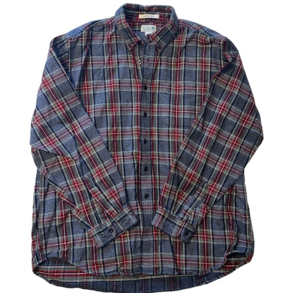 L.L.Bean Scotch Plaid Flannel Button Down Red Grey Flannel Shirt Size XL